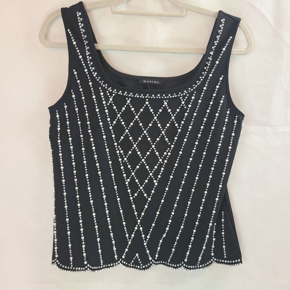 New Marina Women's (M) Black Tank with Pearls & Beads Scalloped Hem Top Blouse